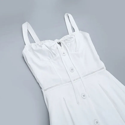 Women's Elegant White Lace-up Square Neck Spaghetti Strap Sleeveless Hollow Waist Slim A Line Long Vacation Summer Dress