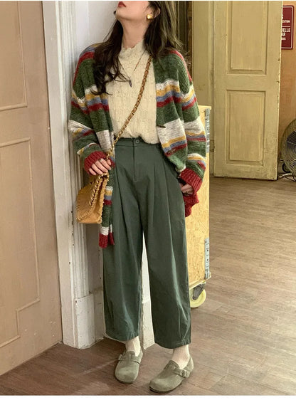Striped Sweater Jacket Autumn New Style Loose Slimming Contrasting Long Sleeved Knitted Sweater