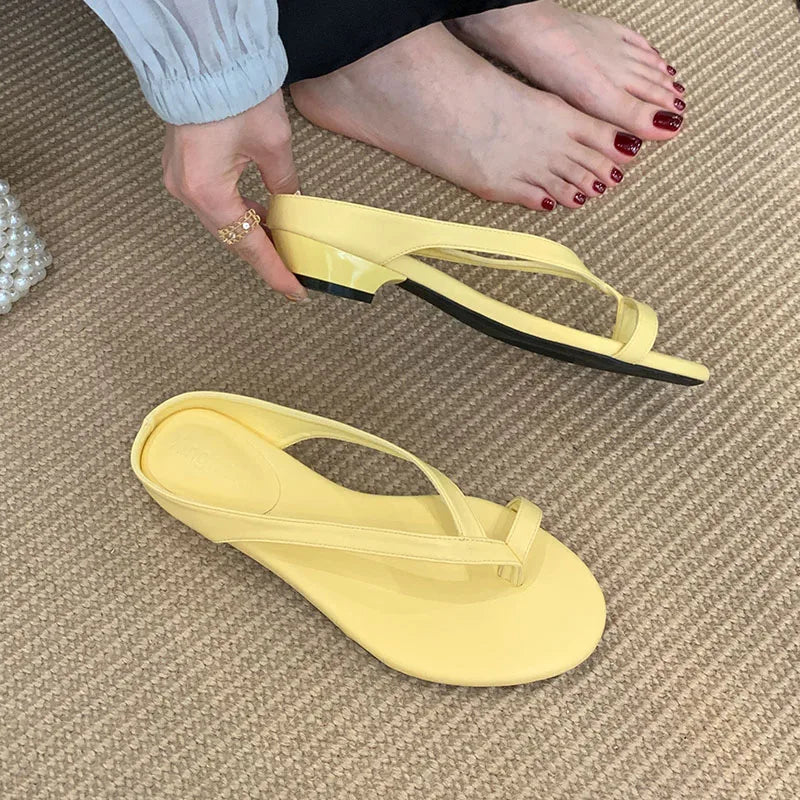 Luxury Footwear Low Heel Women Slippers Flip flops Shoes Fashion Round Toe Ladies Heeled Slippers Shoes Female Slides Sandals