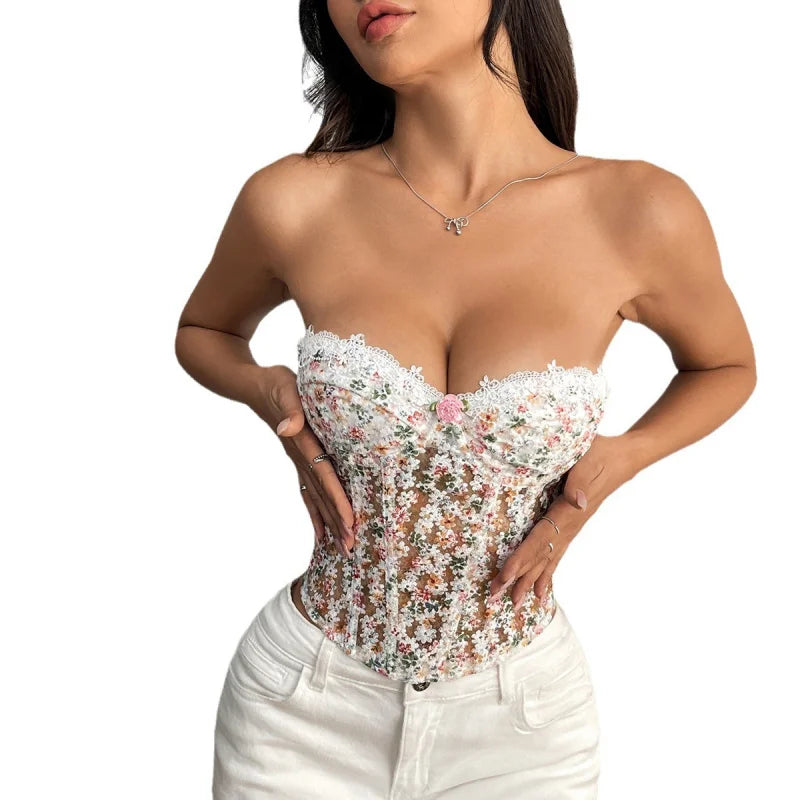 Summer New ProductINSPure Desire Hot Style Flower Embroidered Steel Ring Fishbone Gather Slim See-through Rope Tube Top70176