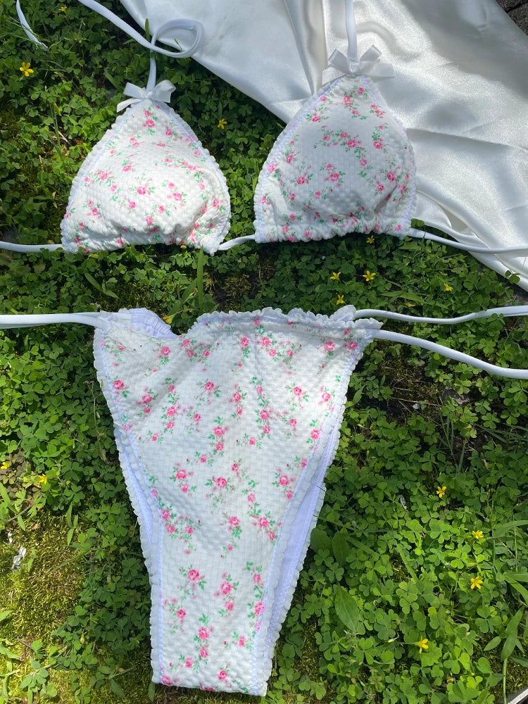 Plaid Print Bikinis Bow Swimwear Women Swimsuit Triangle Bikini Set Bandage Bath Suit Low Waist Thong Beachwear New Biquini