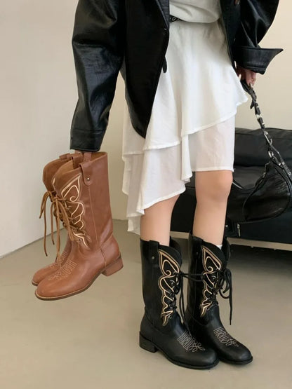 Retro Butterfly Embroidery Wedges Ankle Boots Women Fashion Rivet Sewing Lace Up Mid Calf Boots Luxury Cozy Brand Designer Boots
