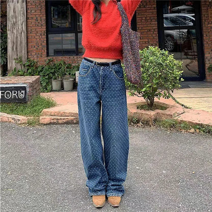 Women's Y2K Polka Dot Wide Leg Jeans High Waist Loose Fit Baggy Denim Pants Retro Vintage Streetwear Casual Daily Outfit