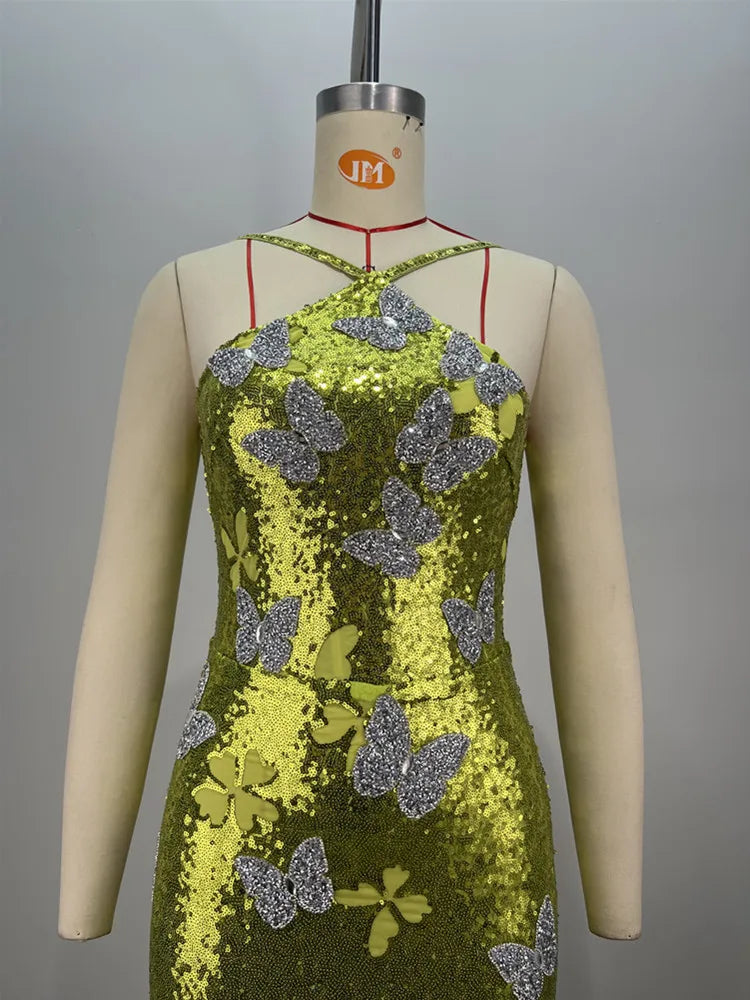 Sequin Butterfly Applique Halter Neck Bodycon Mini Dress