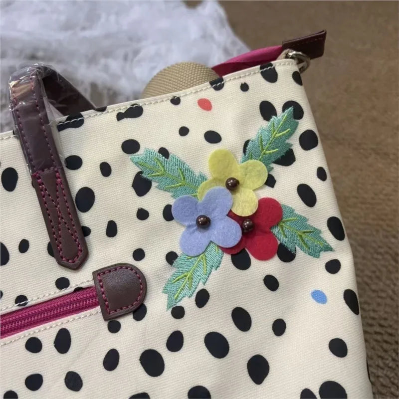 Japanese Retro Polka Dot Floral Tote Bag Women Print Large Capacity Shoulder Bag Ladies Harajuku Everyday Versatile Handbag Chic