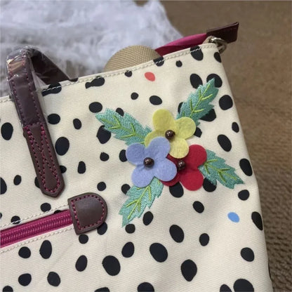 Japanese Retro Polka Dot Floral Tote Bag Women Print Large Capacity Shoulder Bag Ladies Harajuku Everyday Versatile Handbag Chic