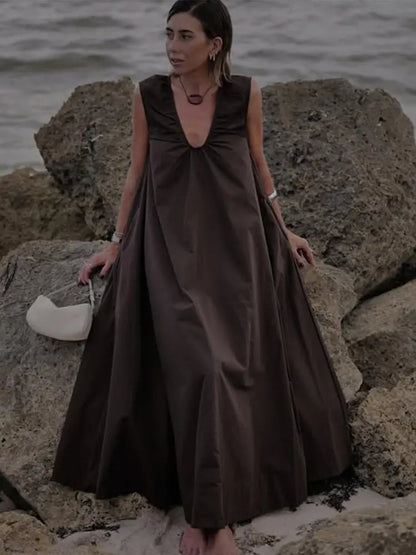 Elegant V-neck Long Dress Women Loose White Sleeveless Backless A-line Beach Dresses 2025 Summer Lady Casual Solid Chic Robes