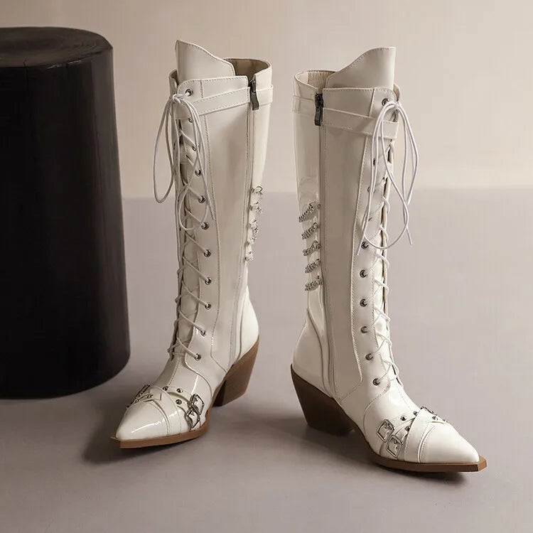 Fashion Punk Rock Band Performance Knee Length Boots with Pointed Chelsea 6cm Thick Heel Chain Boots 35-45 Slipsole Boots