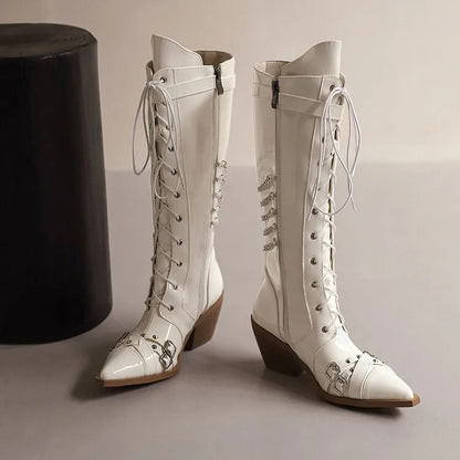 Fashion Punk Rock Band Performance Knee Length Boots with Pointed Chelsea 6cm Thick Heel Chain Boots 35-45 Slipsole Boots