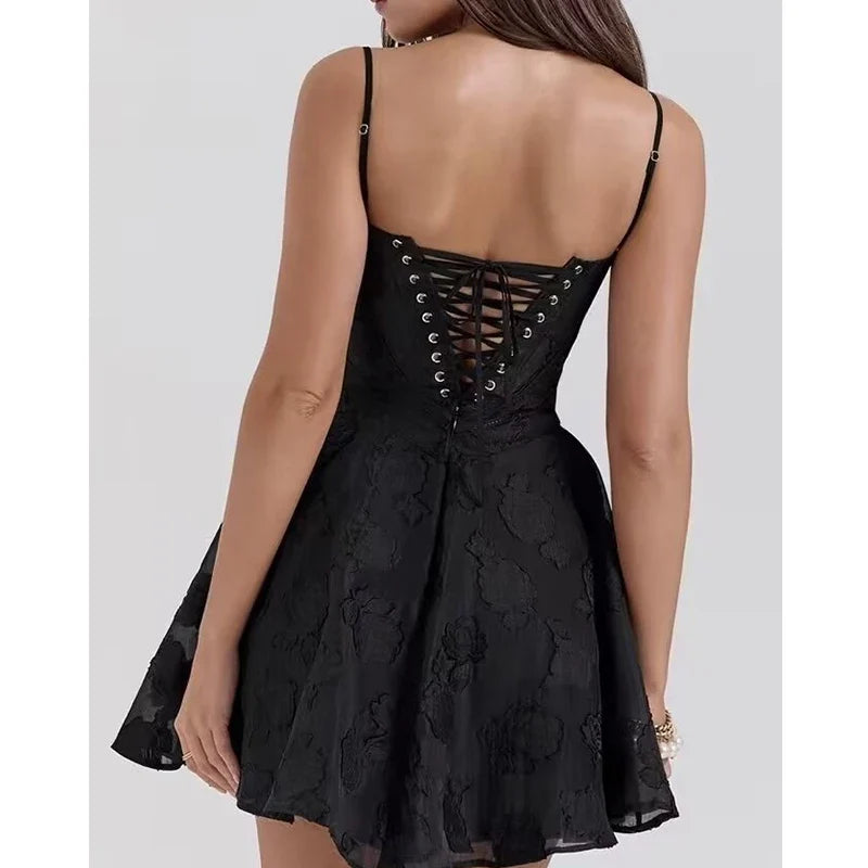 Vintage Jacquard Sling Sexy Dress For Women Thin Straps O Neck Low Waist A-line Mini Dresses Female Lace Up Back Summer Robe