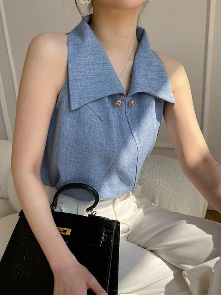 Temperament Lapel Blouse Women Sleeveless Off Shoulder Blue Shirts Office Lady Formal Elegant Fashion Tops Summer Chic