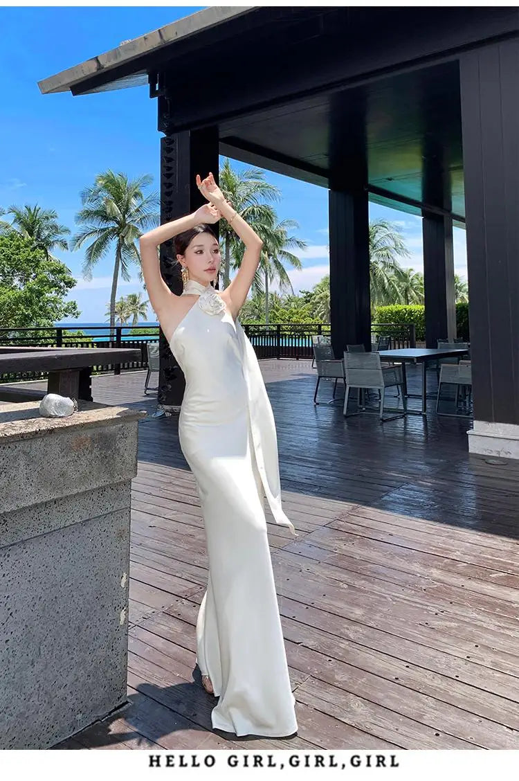 French Summer Beige Temperament Sexy Club Backless Halter Long Dress Rose Vintage Sleeveless Off Shoulder Elegant Party Dresses