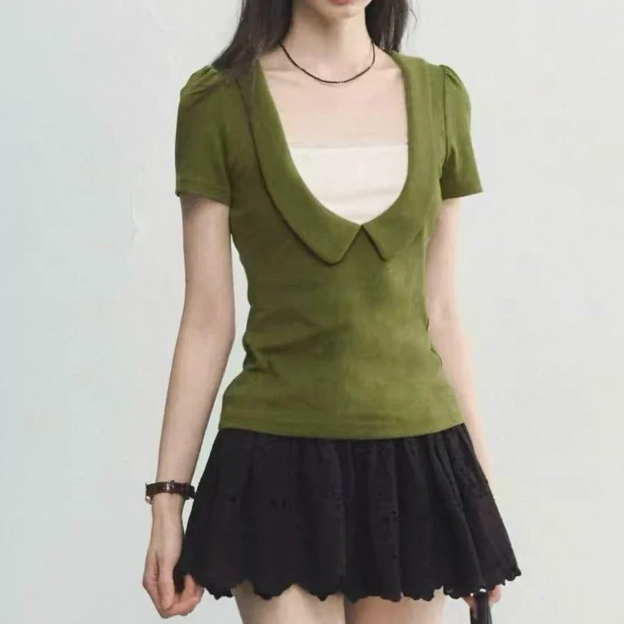 Fake Two Doll Neck Tops with Women's Lace Patchwork Waist Cinching Short Sleeved T-shirt