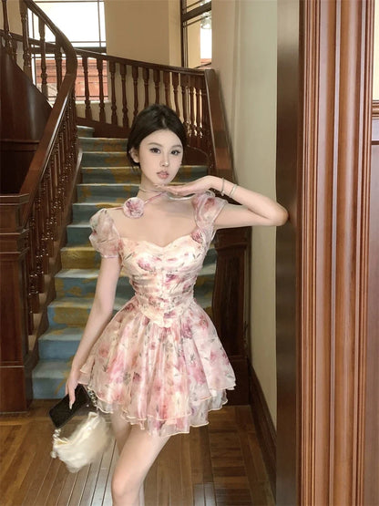 Elegant Princess Floral Short Dresses for Women Y2K Puff Sleeve Backless Printed Ruffles A-line Korean Fashion One Piece Vestido