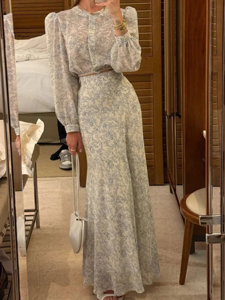 Commute Printed Female 2 Piece-Set Long Skirt Patchwork High Waist Short Top And Slim Maxi Skirt Sets New Women's Outfits