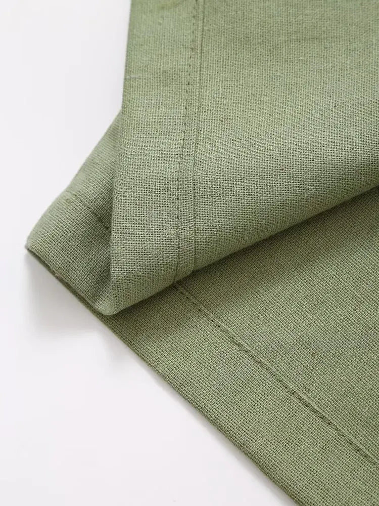 V-neck Green Slip Sexy Backless Dress For Summer Slim Slit Vacation Beach Long Dress Cotton Linen Blend Woman Clothing