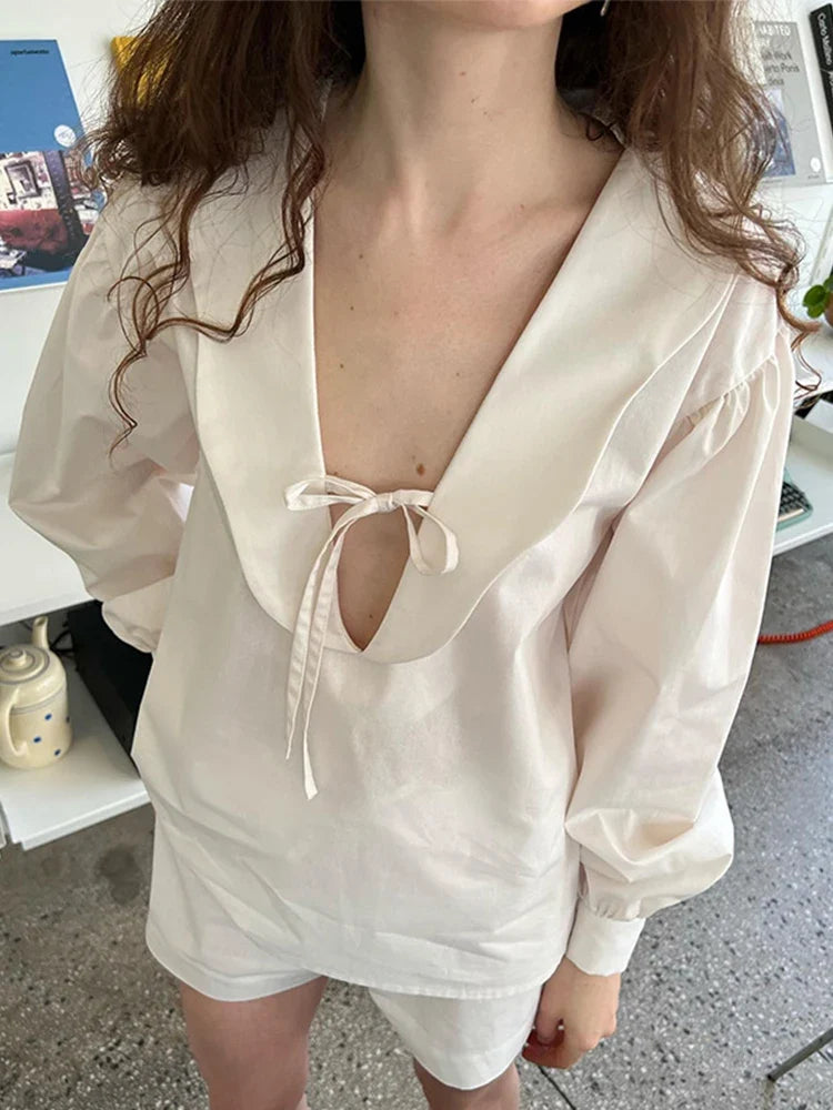 Sweet Bow Lace-up Women's Blouse Solid Loose Wavy Deep V-neck Puff Long Sleeve Tops 2024 Spring Summer Elegant Female Blouses