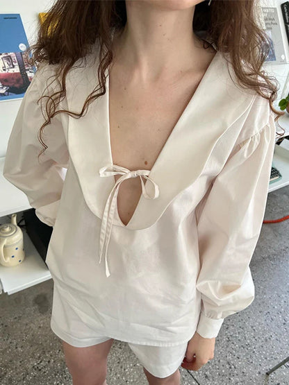 Sweet Bow Lace-up Women's Blouse Solid Loose Wavy Deep V-neck Puff Long Sleeve Tops 2024 Spring Summer Elegant Female Blouses