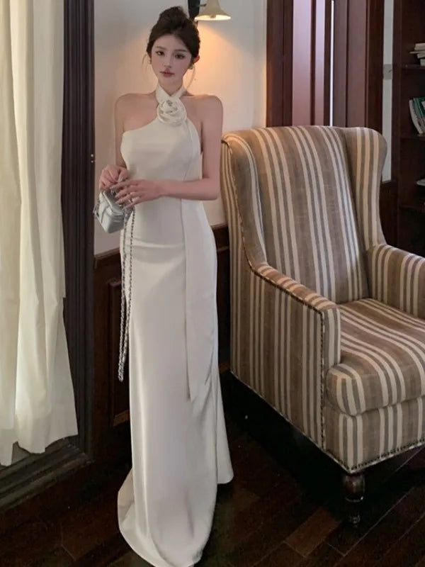 Stunning Strapless Gown Women's Summer Sexy Backless Sash Long Dress Banquet Silk Evening Gown Slim Fit Wrap Style without Sl...