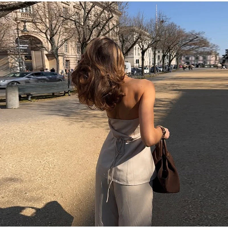 Casual Single Breasted Pants Sets Women Solid Strapless Top High Waist Wide Leg Pant 2025 Spring Summer Lady High Street Outfits