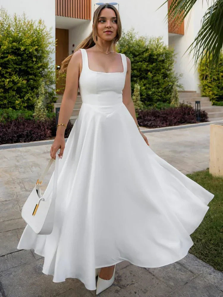 Square Neck Sleeveless A Line Fit and Flare Midi Dress