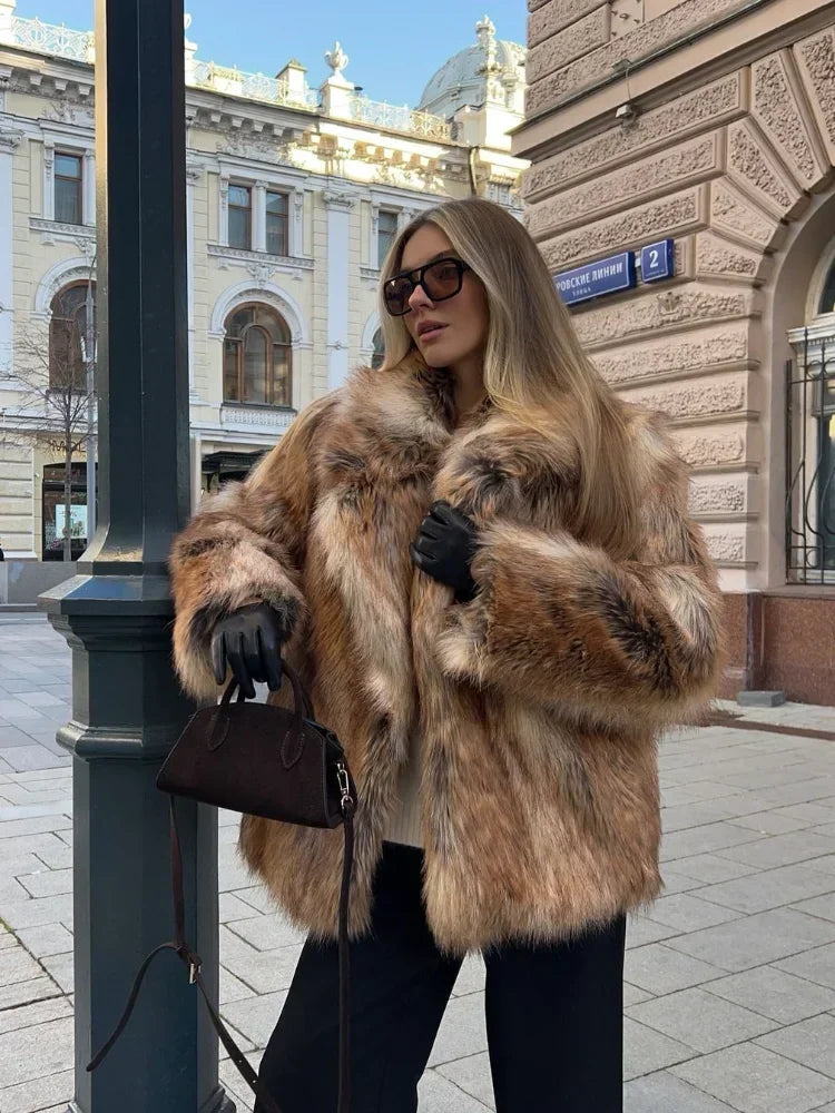 Winter Warm Fluffy Faux Fur Short Coat Women Elegant Lapel Loose Casual Overcoat