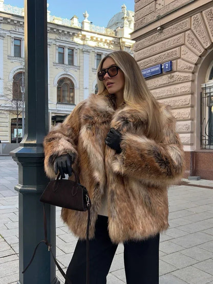 Winter Warm Fluffy Faux Fur Short Coat Women Elegant Lapel Loose Casual Overcoat