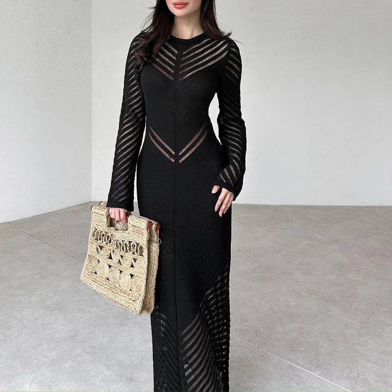 Chevron Mesh Panel Crew Neck Sleeveless Side Slit Knit Maxi Dress