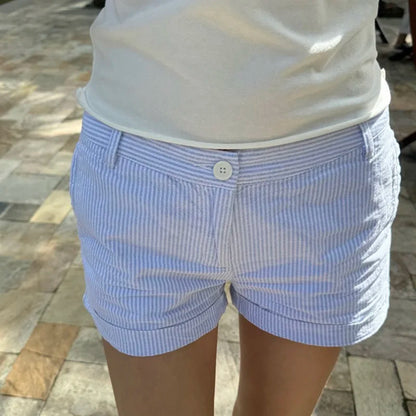 Roll-up Hem Striped Shorts Casual Basic Button-up High Waist Hot Pants Chic Elegant Slim-fitting Short Pants Streetwear