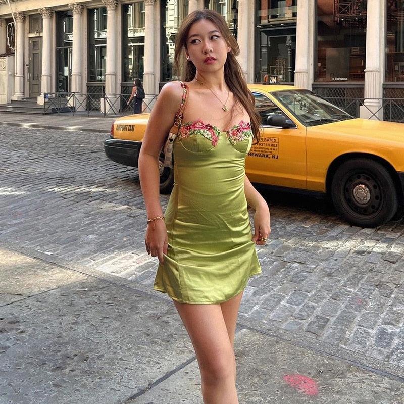 Spaghetti Strap Floral Print Satin Mini Dress
