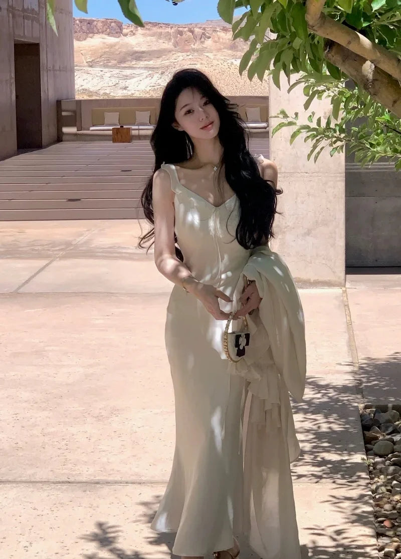 White Satin Spaghetti Strap Long Dresses for Women Summer New Elegant Party Sweet Sleeveless Female Clothing Holiday Casual