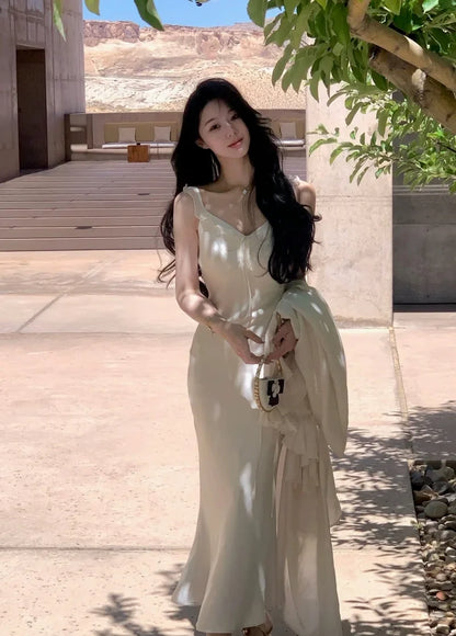 White Satin Spaghetti Strap Long Dresses for Women Summer New Elegant Party Sweet Sleeveless Female Clothing Holiday Casual