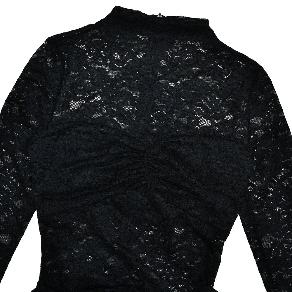 Mock Neck Lace Long Sleeve Center Gathered Brooch Tail Mini Dress