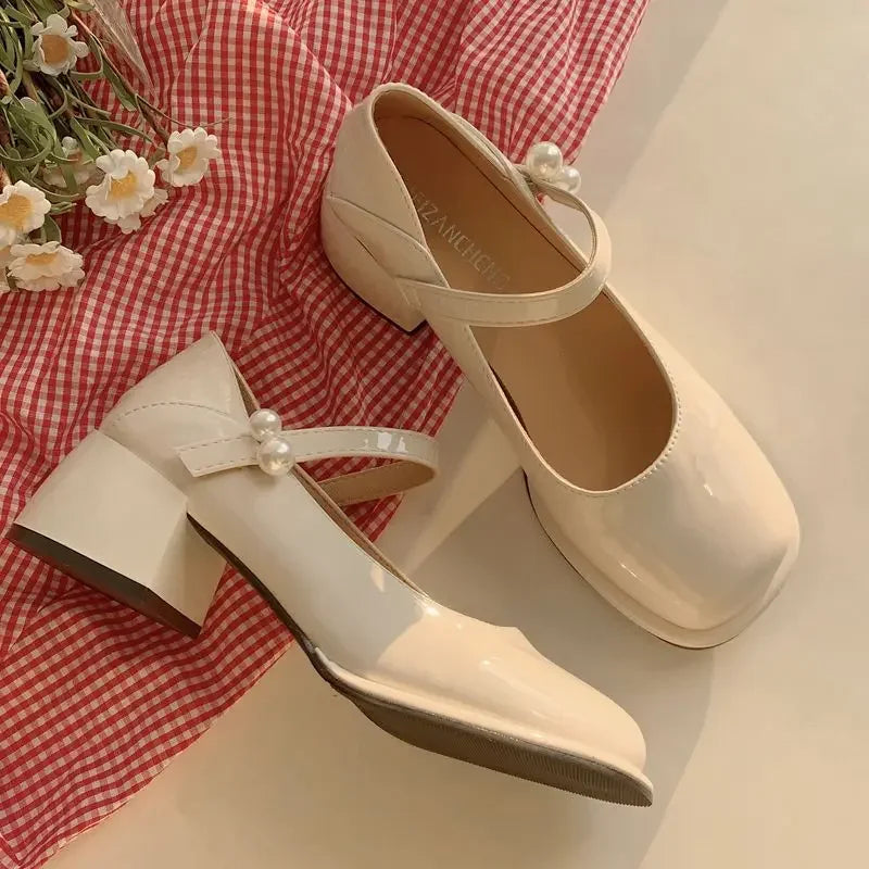 Pearl Square Toe Beige Women's Shoes Mary Jane With Medium Heels Chunky Luxury Leather Casual Japanese Style Lolita Gothic E 39
