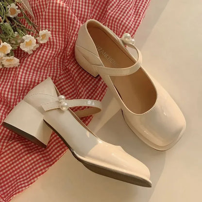 Pearl Square Toe Beige Women's Shoes Mary Jane With Medium Heels Chunky Luxury Leather Casual Japanese Style Lolita Gothic E 39