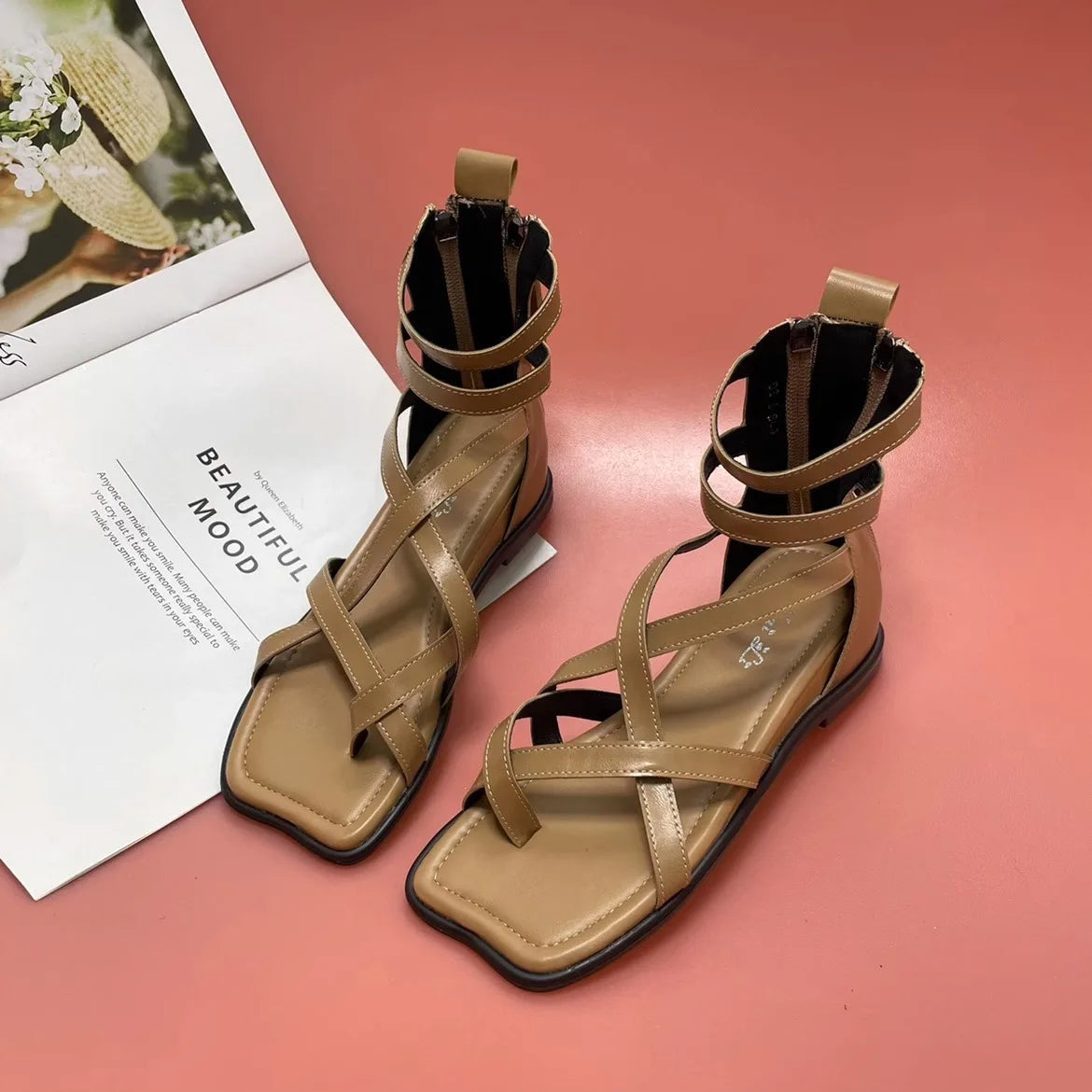 Cross Bandage Heeled Sandals Hollow Out Square Toe Flat Shoes For Woman Slingback Sandalias Mujer Verano 2024