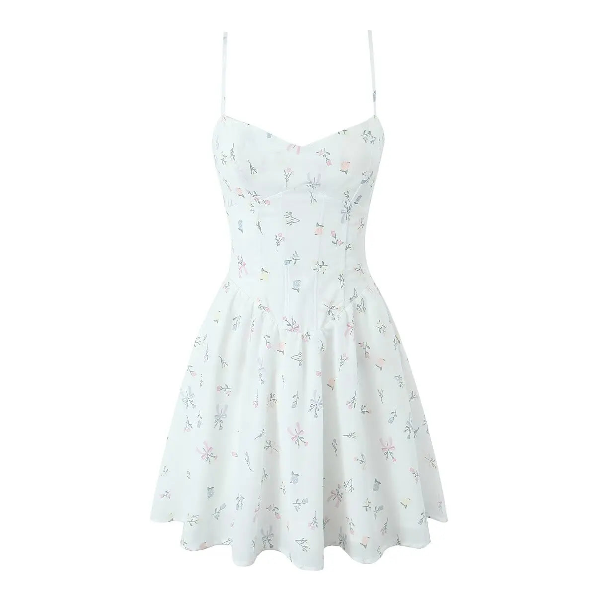 Floral Print Fishbone Slim Sling Mini Dress For Women Sexy Thin Straps Low Waist Holiday Party Summer Dresses Lace Up Back Robe
