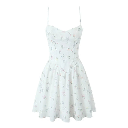 Floral Print Fishbone Slim Sling Mini Dress For Women Sexy Thin Straps Low Waist Holiday Party Summer Dresses Lace Up Back Robe