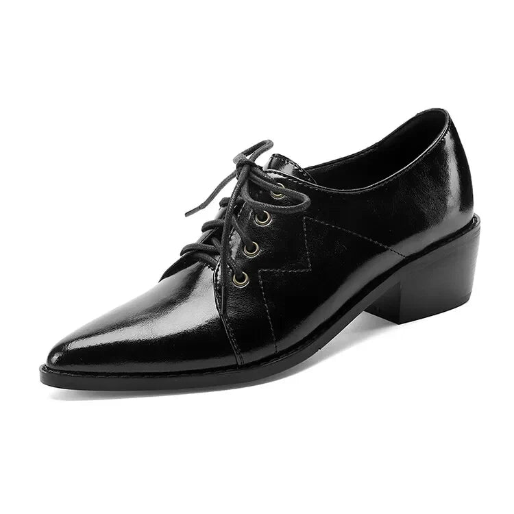 NEW Spring/Autumn Women Pumps Split Leather Shoes for Women Pointed Toe Chunky Heel Shoes Casual Black Lace-up Handmade Shoes
