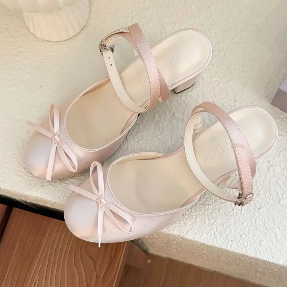 Women's Satin Round Toe Bowknot Block Heel Mary Janes Shoes Ankle Buckle Strap Slingback Pumps Wedding Party High Heels Shoes
