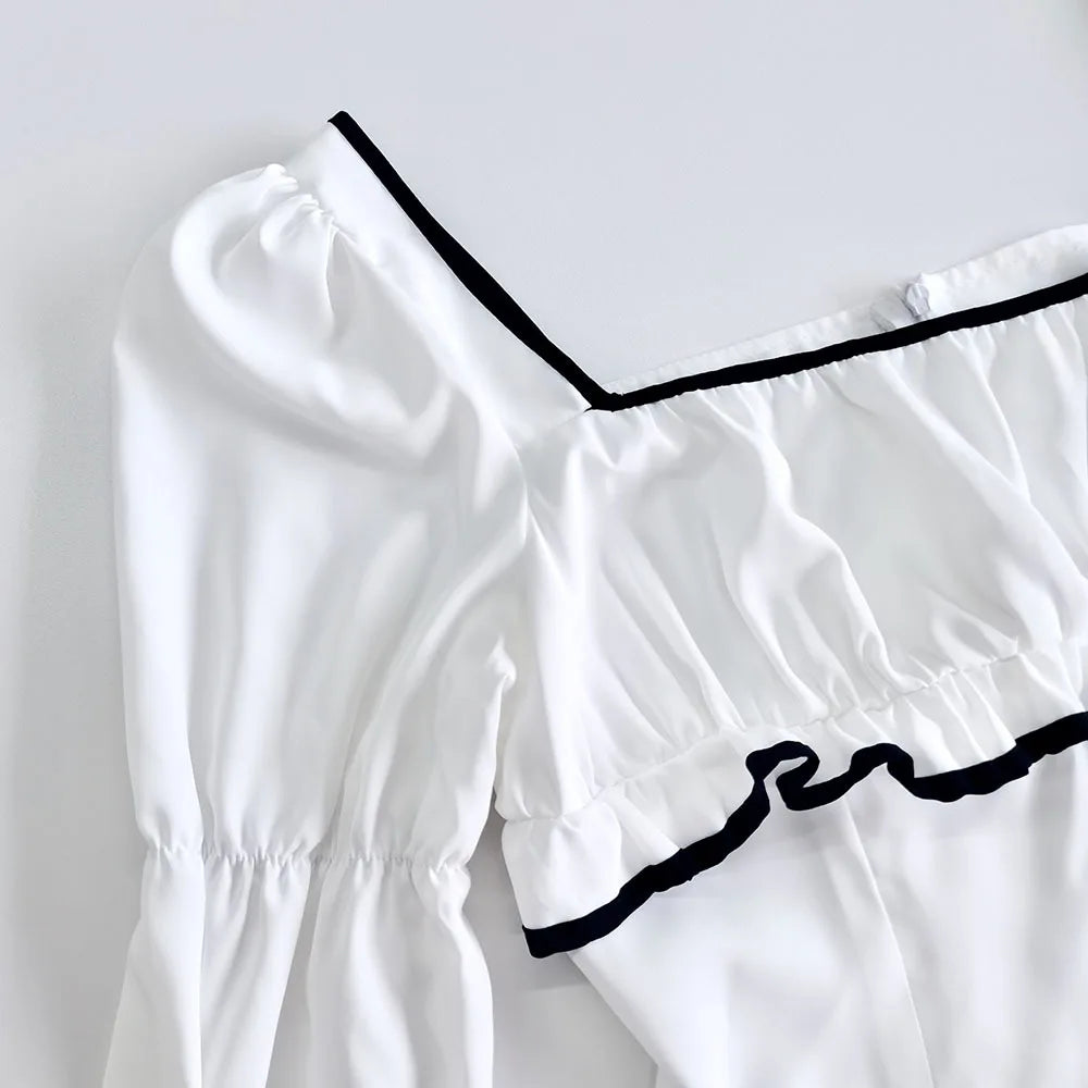 White Elegant A-line Mini Dress Women 2025 New Spring Square Collar Long Sleeve Vestidos High Waist Casual Fashion Short Dresses
