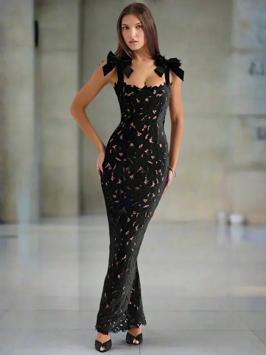 Square Neck Large Bow Shoulder Floral Lace Column Maxi Gown