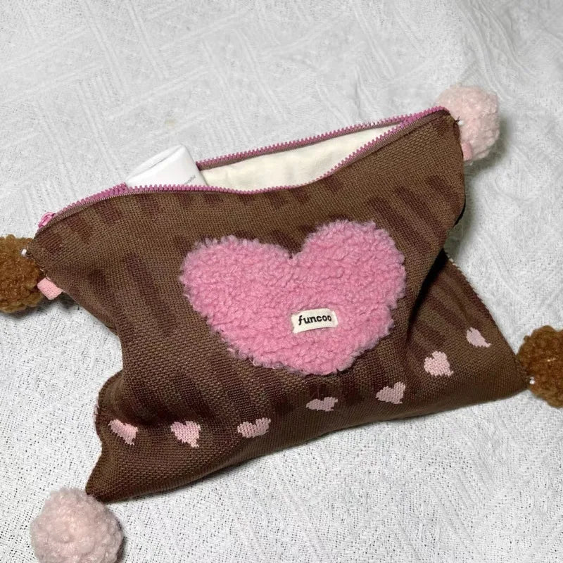 Plush Heart Kawaii Square Makeup Bag Zipper Large Capacity Chic Storage Bag Korean Casual Travel Cosmetic Bag Women's Clutch Bag