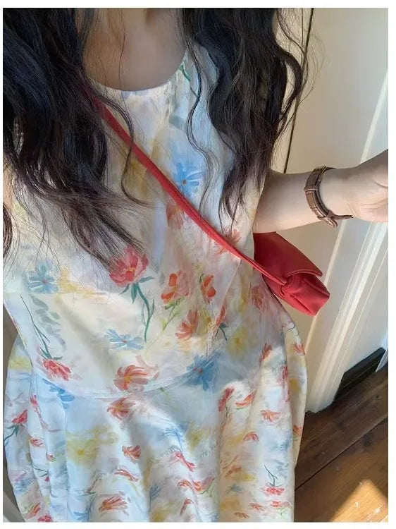 Gradient Floral Print Sleeveless Vest Dress Women's Summer Casual Cotton Long Dress Commute Style A-Line Silhouette