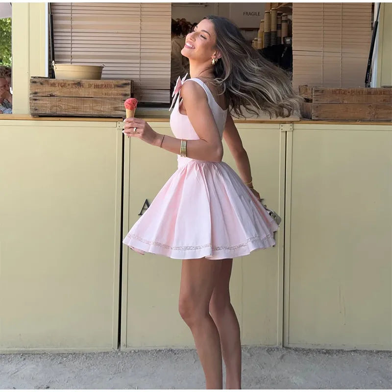 Pink Bow Women's Short Puffy A-line Dress Square Neck Sleeveless Party Dresses Female 2025 Summer Chic Lace Splicing Robe