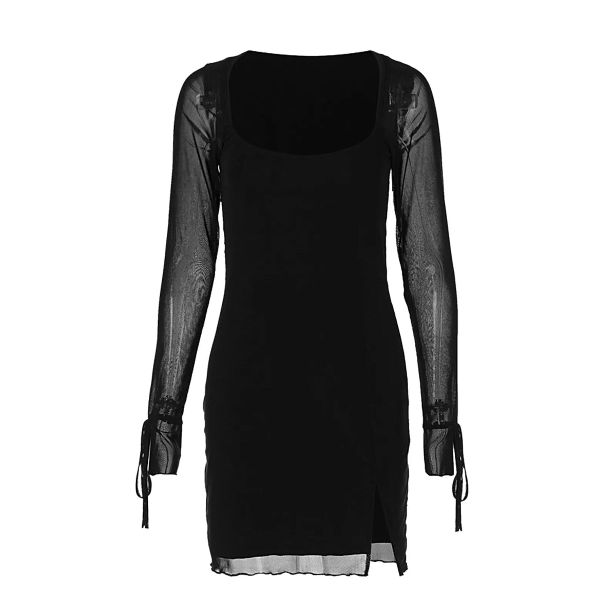 See Through Mesh Square Collar Solid Color Club Slit Mini Dress