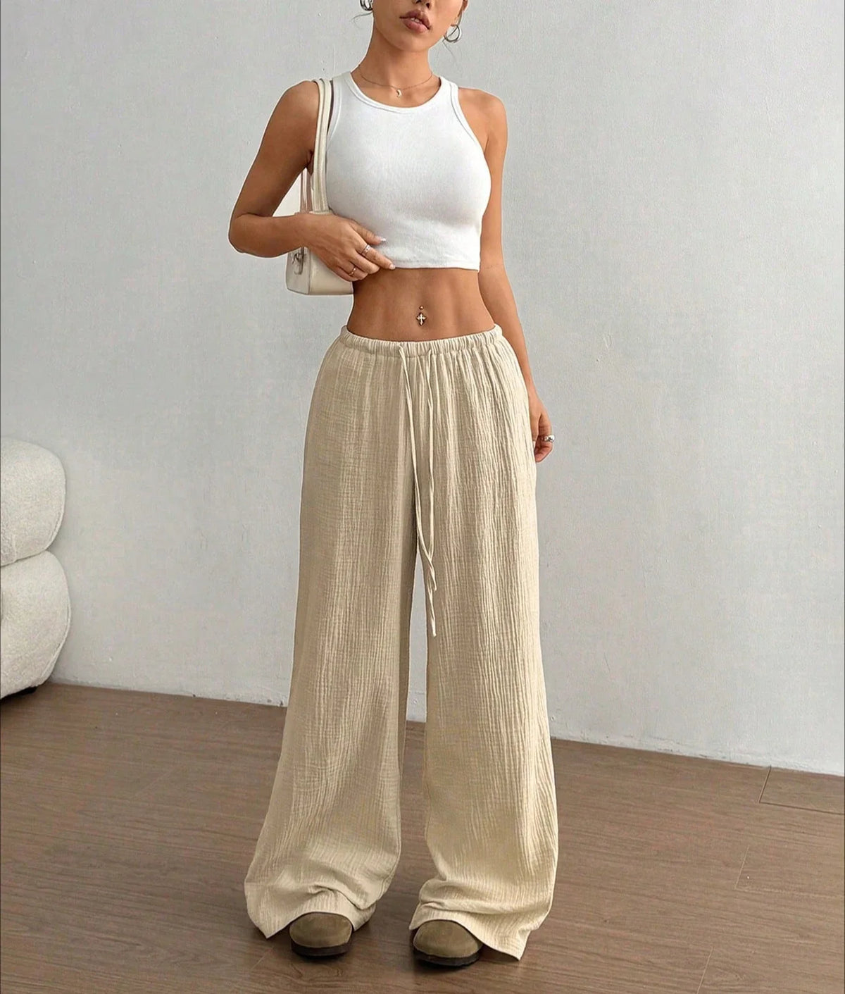 New Style Pure Cotton Fashion Casual Solid Color Loose Wide-Leg Floor-Length Trousers for Women