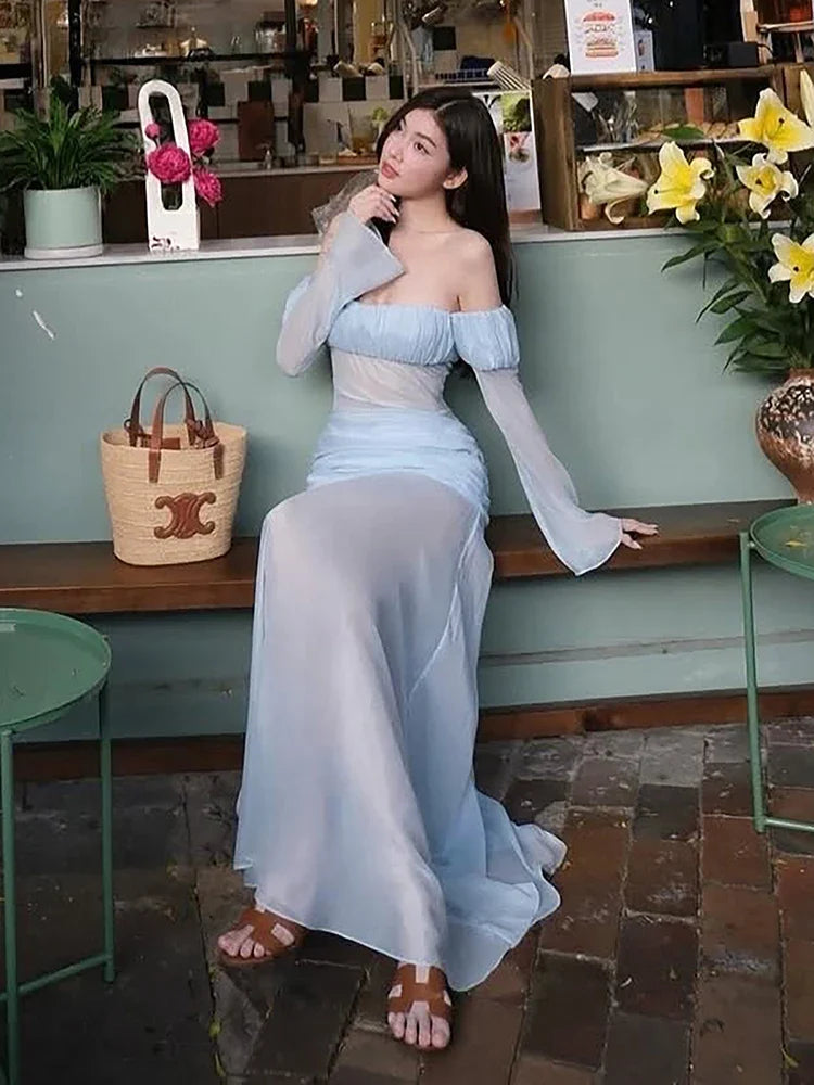 Party Maxi Dress Women Off-Shoulder Full Sleeve Folds See Through Hem Elegant Vacation Birthday Autumn Trend Vestidos