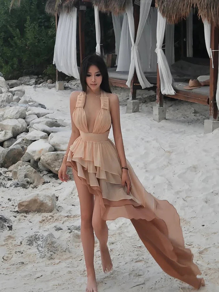 Temperament Tassel Dress Women Backless Sleeveless Halter Gradient Color Lace Pleated Sexy Beach Vacation Party Bodycon
