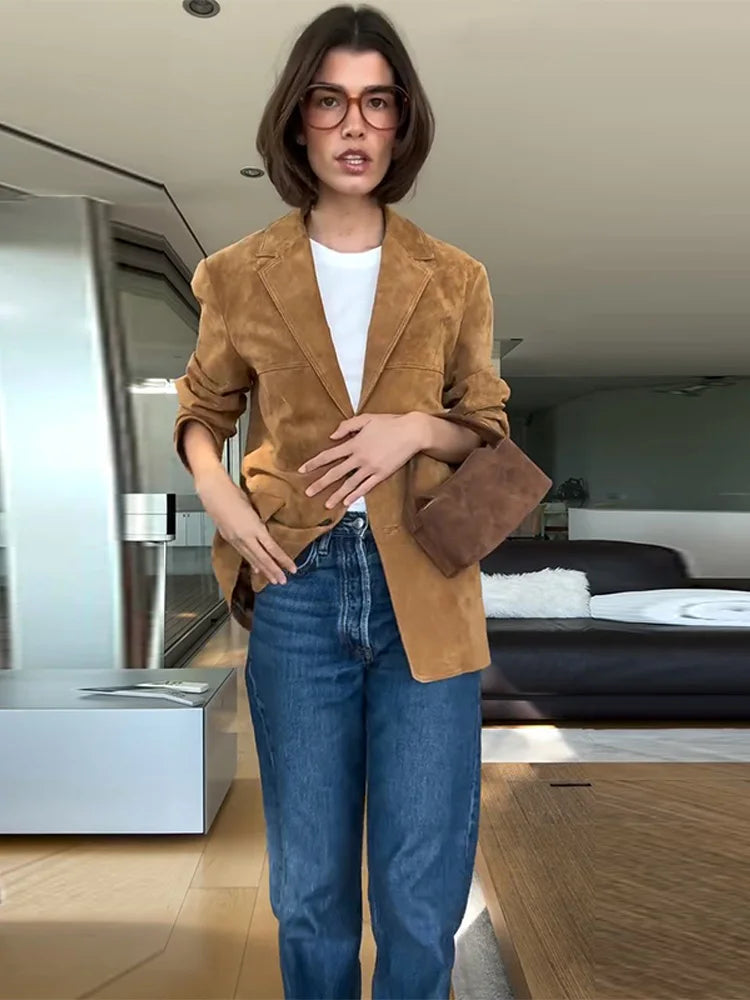 Retro Suede Female Jacket Chic Single Breasted Long Sleeve Lapel Loose Blazer Coat Women 2025 Spring High Street Lady Outerwear